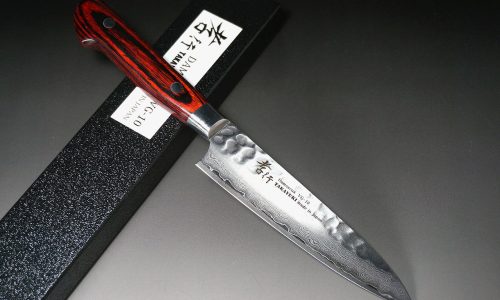 Sakai Takayuki Grand Chef (Micarta Handle) Japanese Chef's Petty Knife (Utility) 150mm VS Sakai Takayuki 33-Layer VG10 Damascus Hammered Japanese Chef's Petty Knife (Utility) 120mm